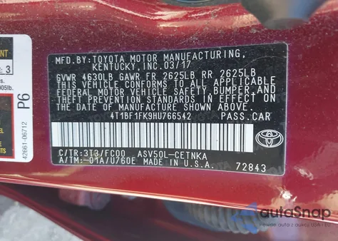 2017 Toyota Camry Le from USA, damaged, VIN 4T1BF1FK9HU766542